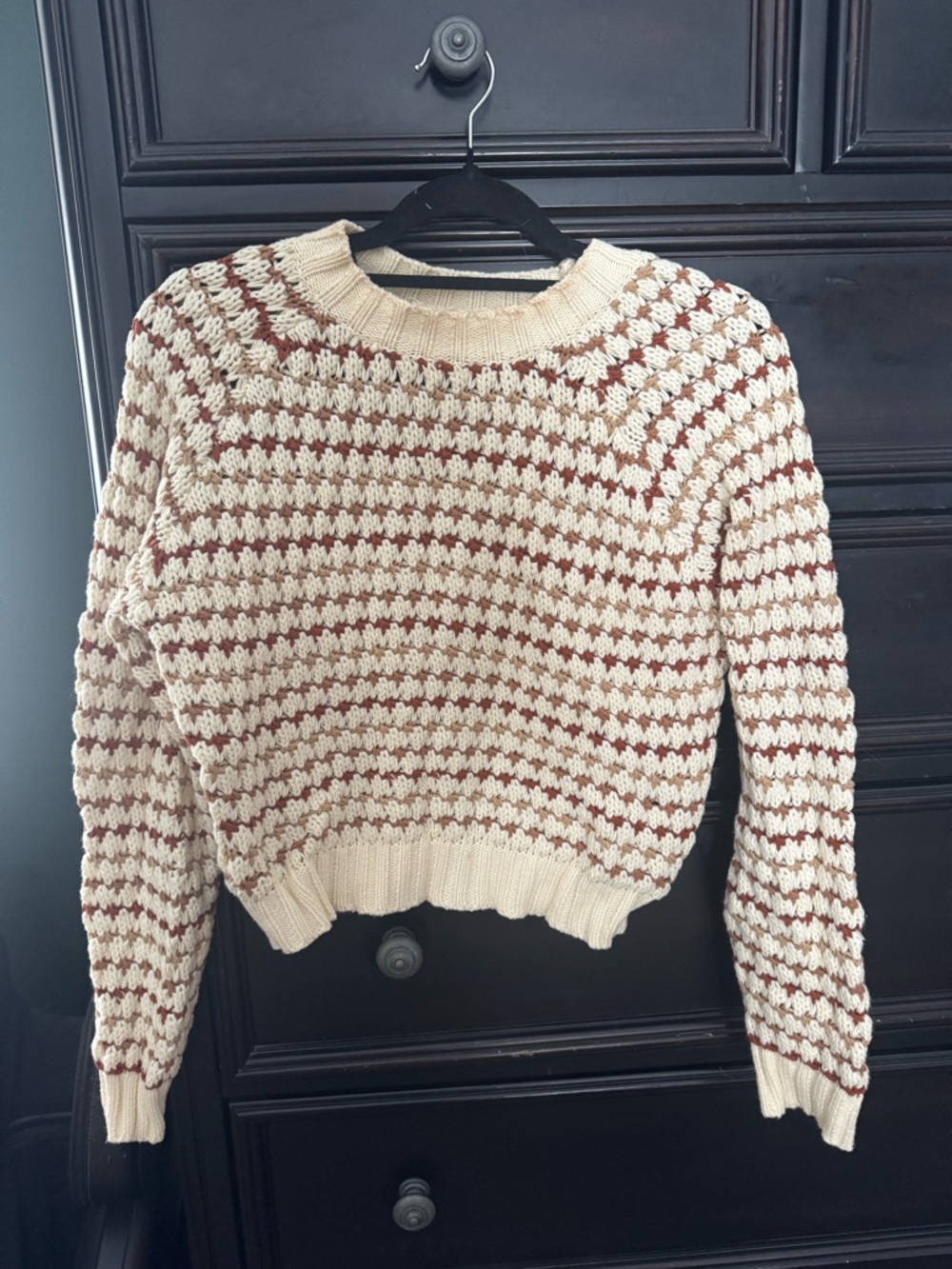 All in Favor Cream and Brown Cropped Knit Crewneck Sweater